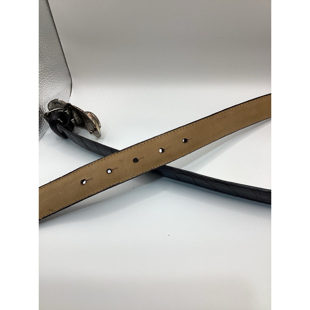 Vintage Black Brighton Belt 1996 Silver Elephant Buckle Crocodile Leather Medium - Picture 4 of 5